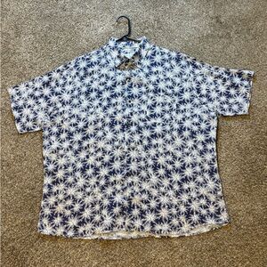 Peter Millar Shirt Men’s XL Blue Linen Button Up Short Sleeve Floral Palm Hawaii